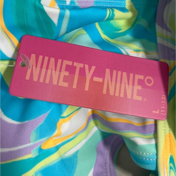 Ninety-Nine Blue Multicolor pattern Ruched Front Cutout One-Piece Swimsuit Sz L - Picture 5 of 8